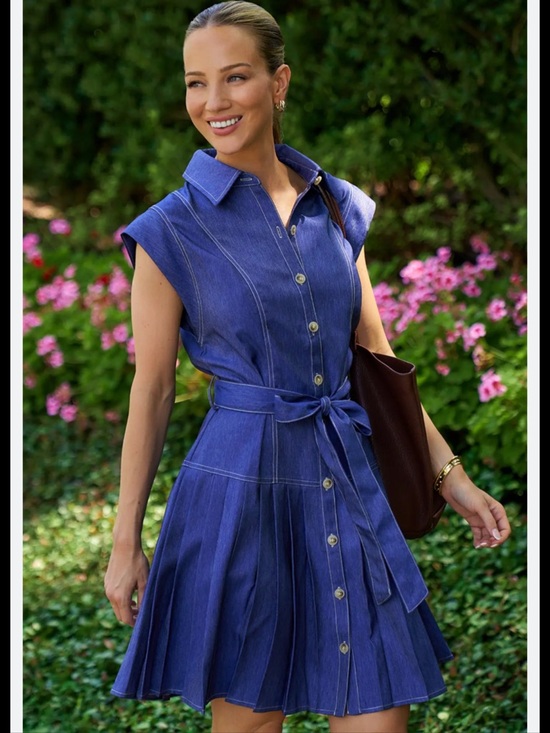 Current Air Dresses & Skirts - Current Air Anthropologie M Denim Pleated Button Up Dress Belted Collared A5